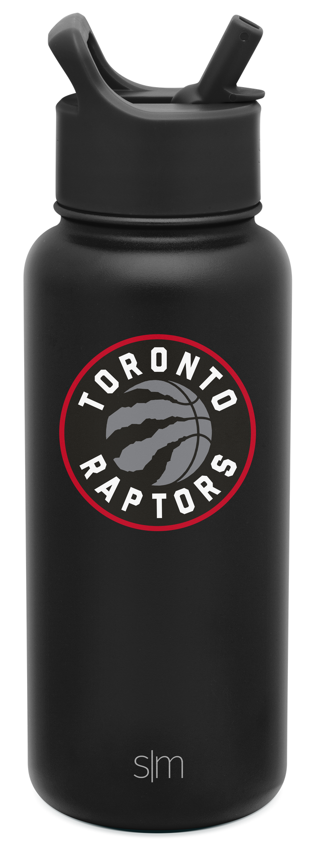 Matte black water bottle with bright red circular accent ring around team logo featuring gray tones in design
