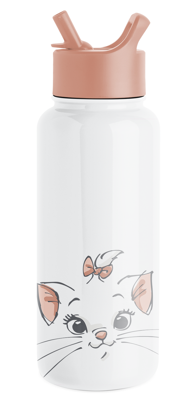White and mauve pink water bottle with white lower body and dusty rose cap and collar
