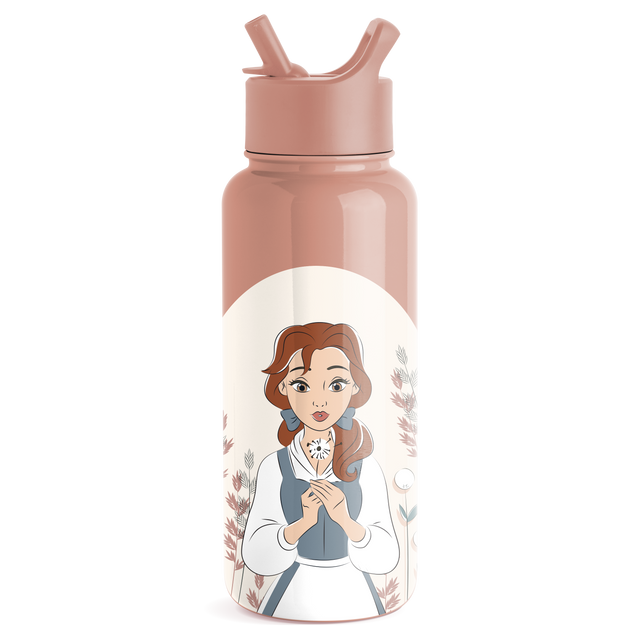 Dusty rose water bottle with dual handles and cream-colored label panel on lower portion