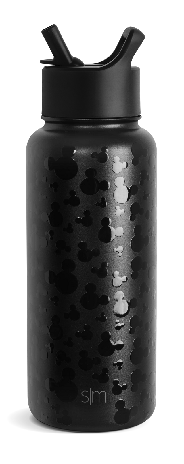 Deep charcoal black water bottle with white snowman-shaped silhouettes printed on the body and matching black lid.