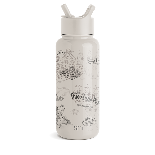 Cream-colored bottle with gray and black illustrations and text, white lid and straw spouts, monochromatic design