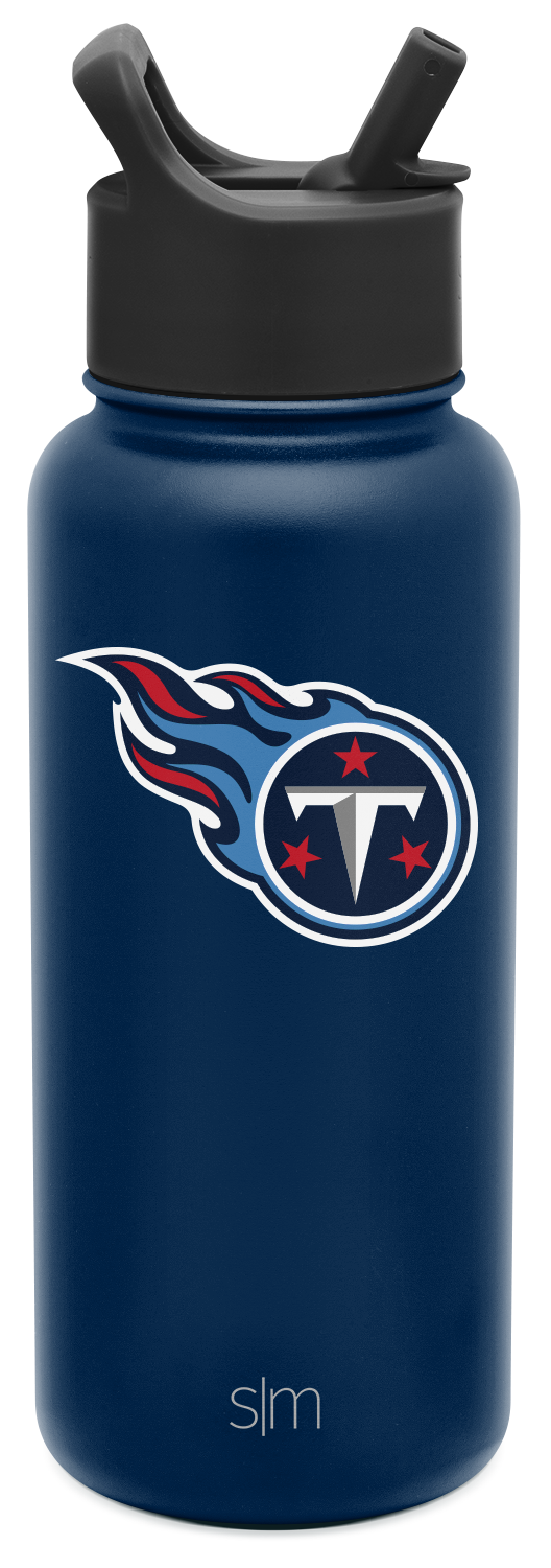 Dark navy blue insulated water bottle with black threaded lid and straw spout, featuring Tennessee Titans NFL logo on cylindrical body with secure grip design.