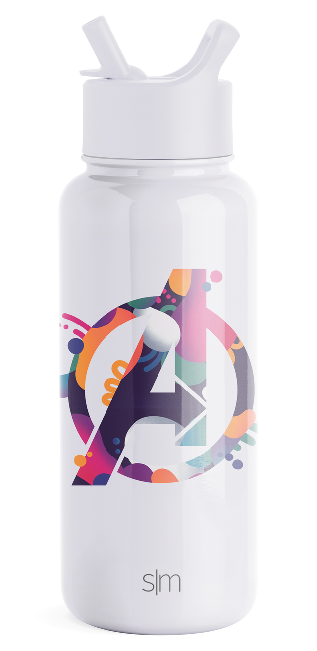 White Simple Modern insulated water bottle with push-button spout cap against white background