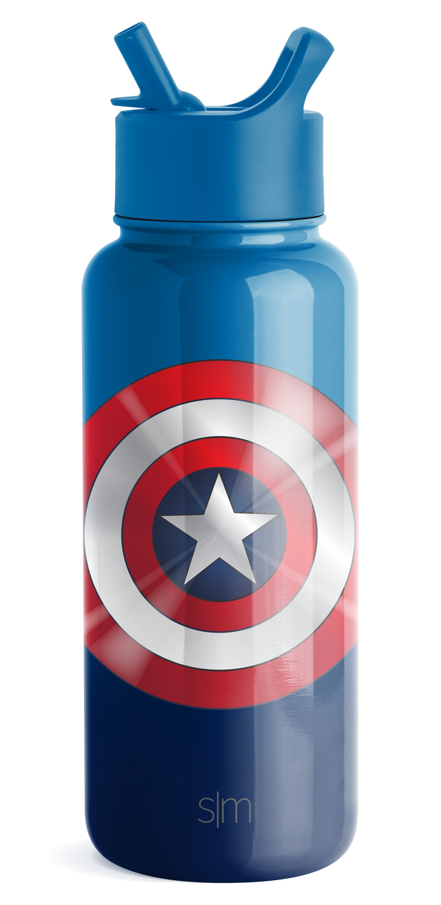 Blue water bottle with Captain America shield design featuring bright sky blue upper section and deep blue lower section