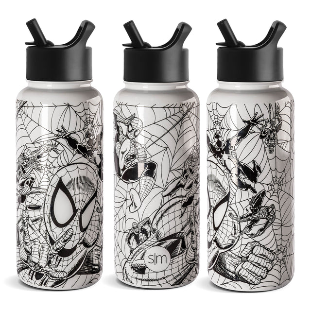 Three Simple Modern water bottles displayed side by side with black push-button spout lids, shown against a white background.
