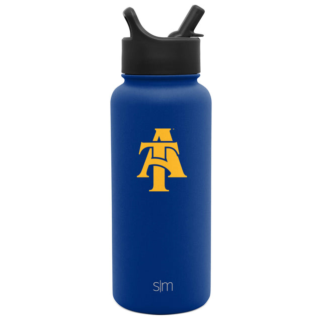 Royal blue water bottle with black cap and spout, featuring a bright golden yellow logo on the front