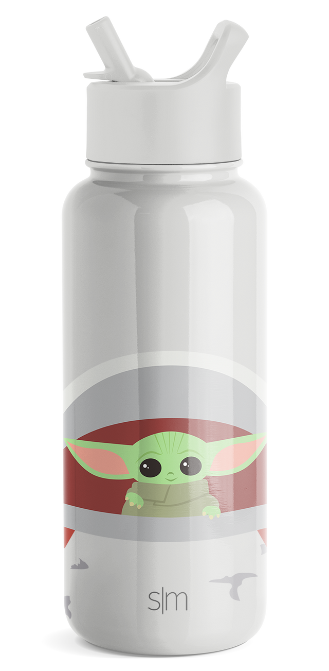 White cylindrical water bottle with decorative graphic band on lower third, displayed against light gray background