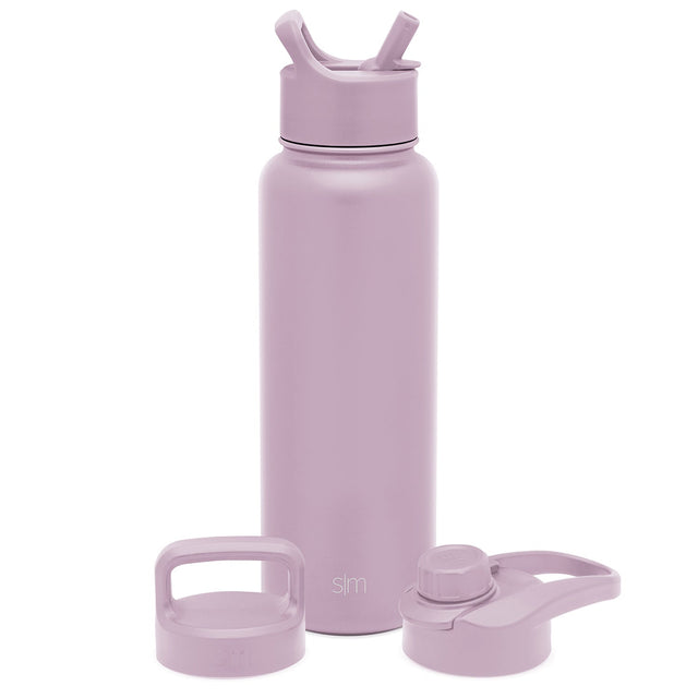 Soft mauve dusty rose pink water bottle with interchangeable lids and carrying handle