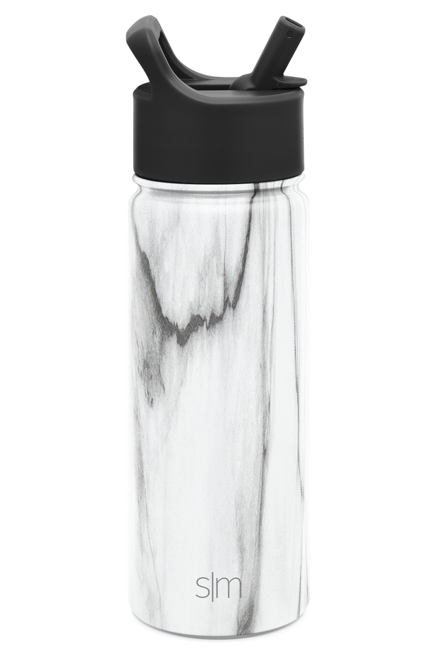 Black cap and lid on white bottle with dark gray and charcoal brush stroke patterns