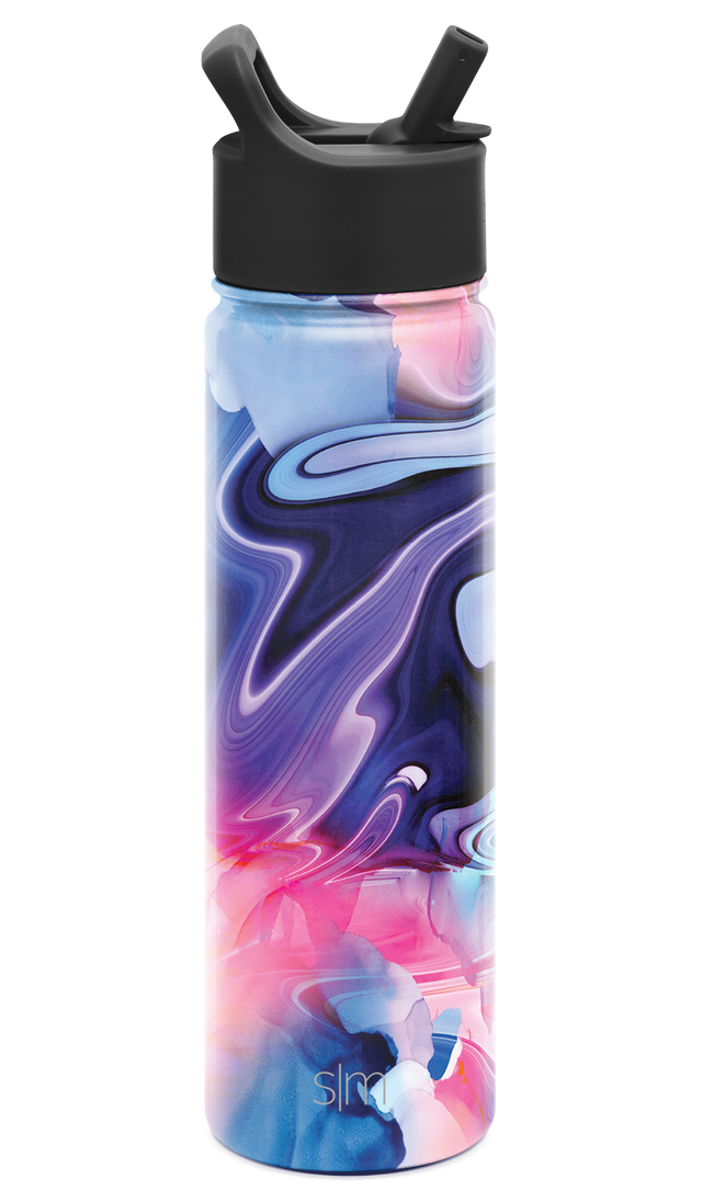 Vibrant abstract water bottle with swirling navy blue, hot pink, sky blue, purple, and magenta fluid patterns blending together in organic design.