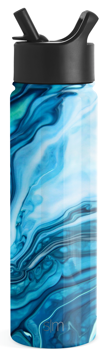 Blue abstract fluid design water bottle with navy, teal, cyan, and sky blue shades with white accents flowing throughout the pattern