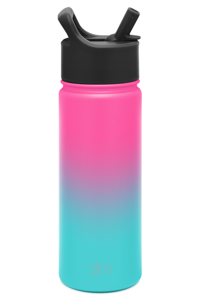 Simple Modern water bottle with ombre gradient transitioning from hot pink to purple to blue, photographed against white background