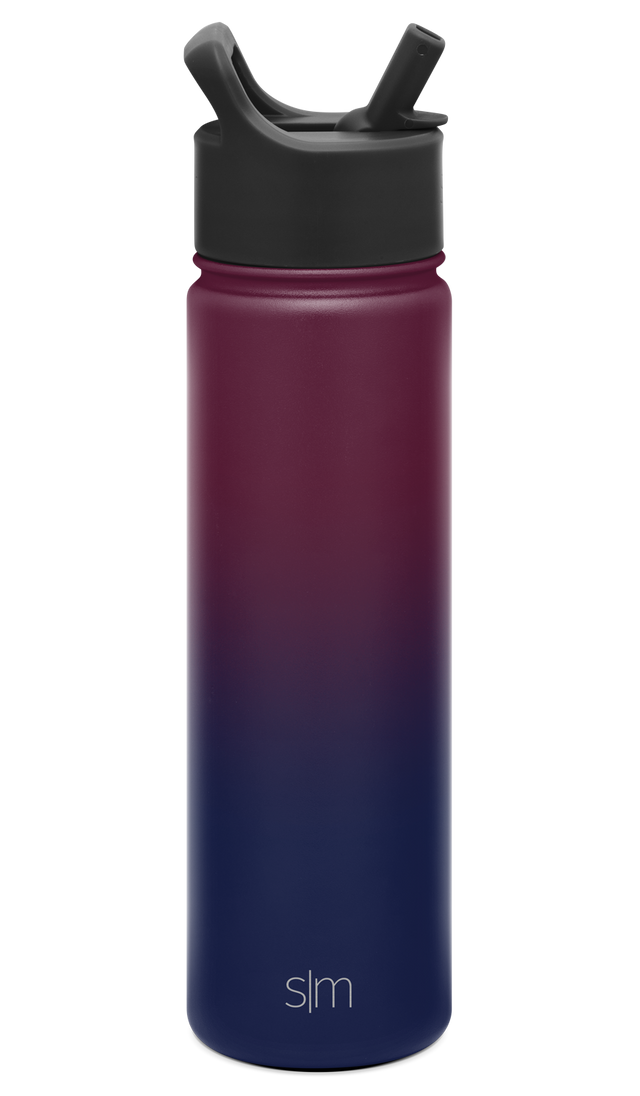 Water bottle with ombre gradient transitioning from burgundy and wine at top through mauve in middle to deep navy blue at bottom