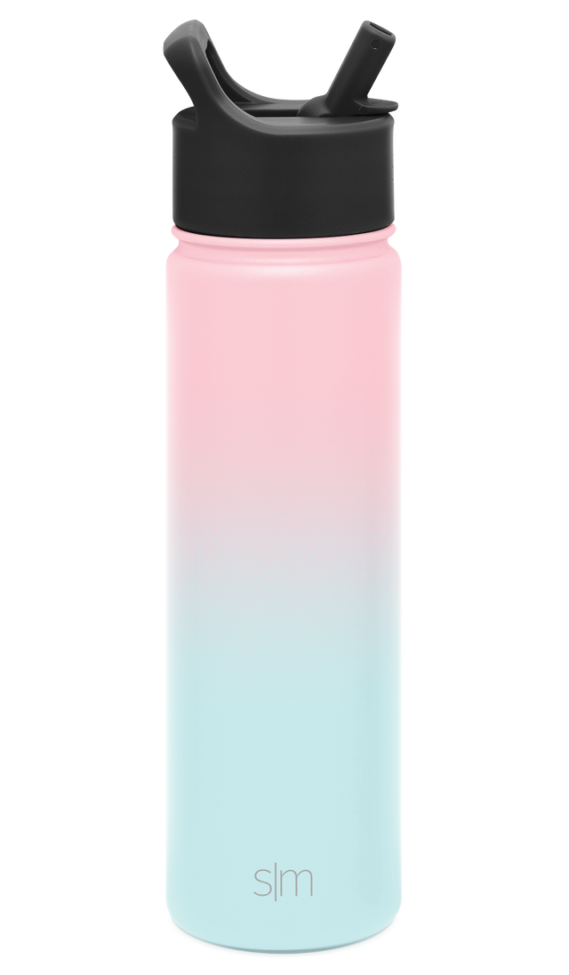 Ombre gradient water bottle transitioning from pink at top to white middle to pale blue at bottom, with black lid and handle system.