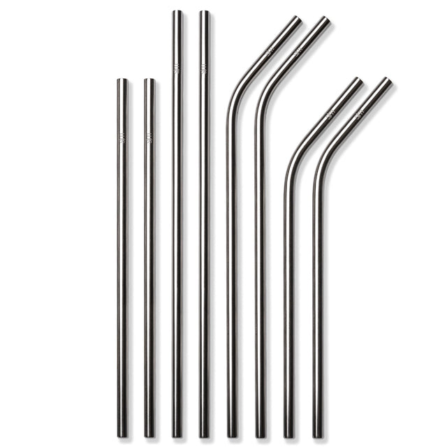 Set of polished stainless steel straws with reflective metallic finish and bright highlights, displaying mirror-like surfaces against a neutral background.