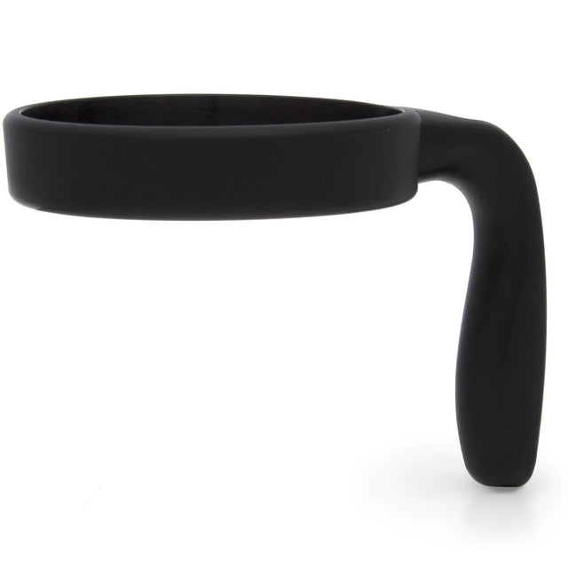 Black tumbler handle against white background
