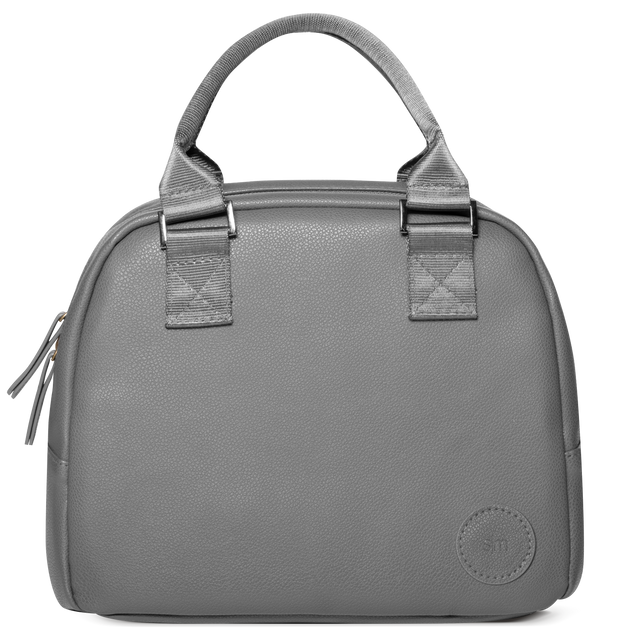 Gray canvas tote bag with silver metal hardware and light gray fabric handles and webbing straps