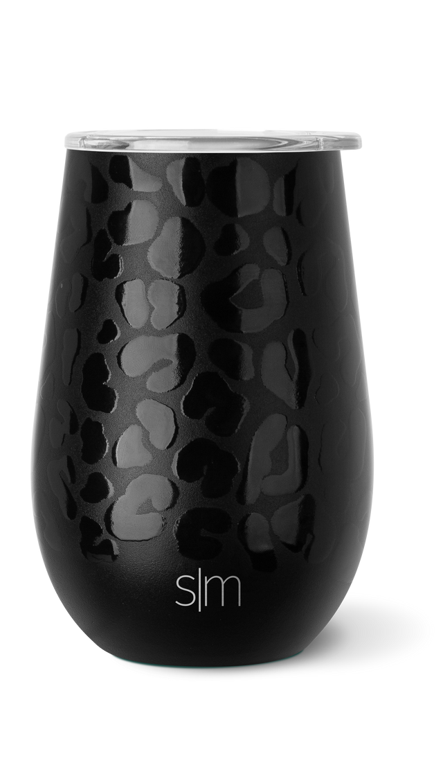 Matte black wine tumbler with gray patterned design overlay, dark gray background