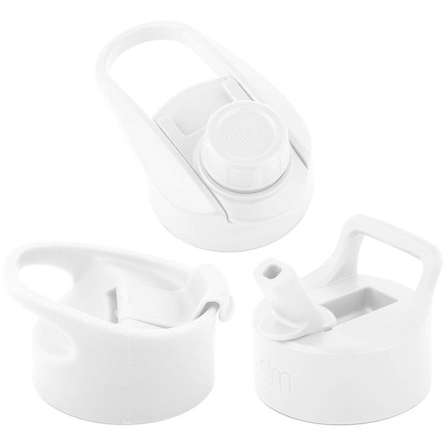 Summit water bottle lid 3-pack in white featuring flip lid with handle, insulated straw lid, and insulated chug lid, displayed against white background.